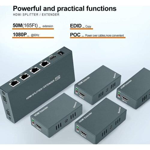 1x4 HDMI Extender Splitter Over Cat5e/Cat6/Cat7 Ethernet Cable Up to 50m/165ft - EDID Management & Bi-Directional IR Remote