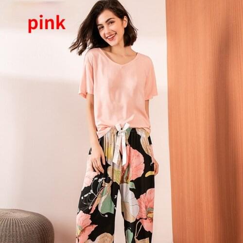 2pc/1set Summer Women Short Sleeve Shirt Pajamas Set Casual Floral Printed Contrasting Color Tops + Long Trousers Homewear