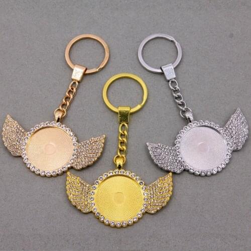 2pcs/lot 30mm Angel wings Cameo Glass Inlaid Zircon Cabochon Base Setting Fit 30mm Glass Keychain Penndant Necklace DIY Making