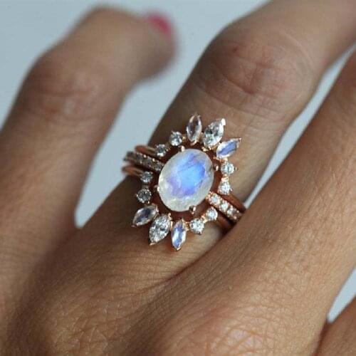 3pcs/sets Bohemian Geometric Rings Clear Crystal Stone Moonstone Rose Gold Ring Elegan Fashion for Women Jewelry Accessories