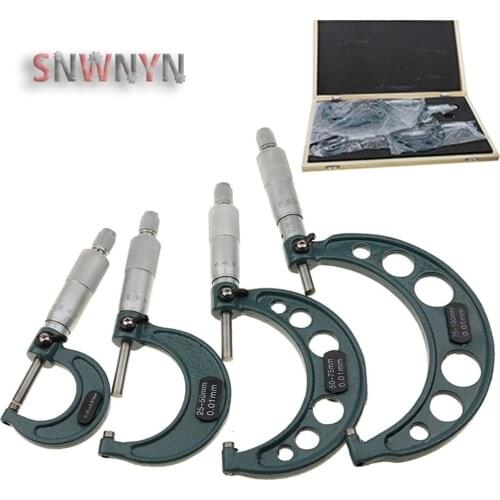 4pcs 0-25/50/75/100MM 0.001MM Outside Micrometer Set Carbide Metric Gauge Thread Caliper Machinist Measuring Tools