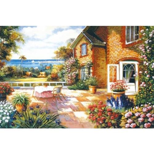 Free shipping Mediterranean sea house rest garden flower seascape oil painting canvas printings on canvas art decoration picture