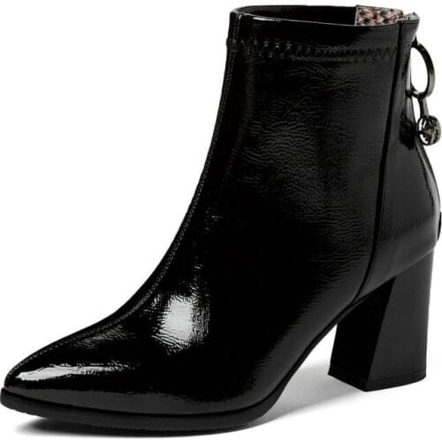 Autumn Winter Fashion Women Boots Patent Leather Square High Heel Pointed Toe Crystal Zipper Ankle Boots Black White