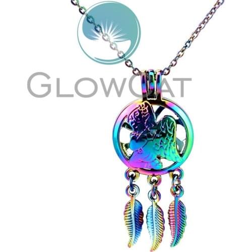 CC770 Rainbow Colors Pray Angel Girl Dream Catcher Beads Cage Pendant Perfume Diffuser Oyster Pearl Cage Locket Necklace