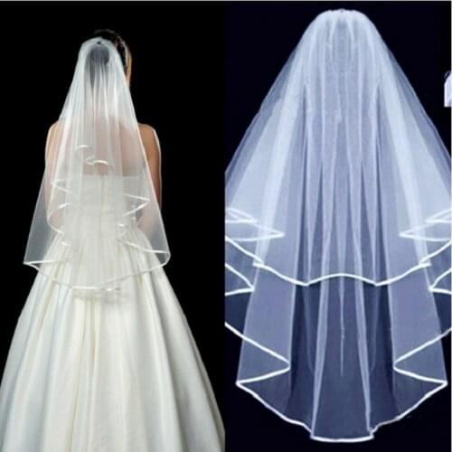 Two Tiers Tulle Bridal Veils Black Ribbon Edge Wedding Veil with Comb
