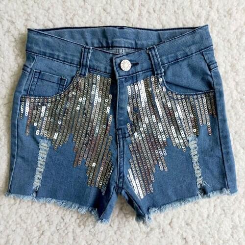 2021 Summer Best Selling Kids Short Denims Girls High Quality Sequin Jeans With Button