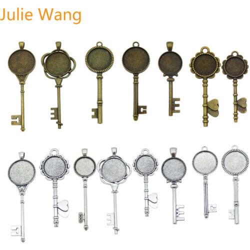 Julie Wang 6PCS Randomly Send Key Shape Round Cabochon Setting Base Tray Bezels Blank Charms For Photo Pendant Jewelry Making