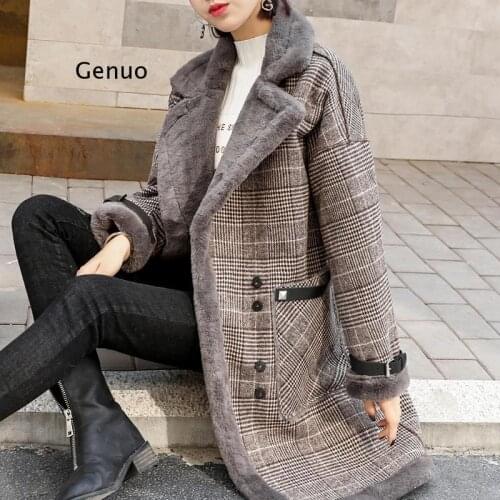 Plaid Faux Leather Fur Parka Coat Women Jacket Womens New Autumn Winter Lamb Fur Female Overcoat Outerwear Coats