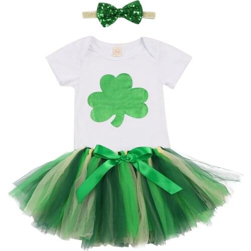 3Pcs St. Patricks Day Baby Girls Outfits Shamrock Print Short Sleeve Romper Tulle Skirt Headband Infant Toddler Sets 0-18m