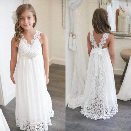 Beautiful Toddler Baby Girls White Lace Chiffon Summer Boho Beach Girls Wedding Birthday Party Dresses Flower Girl Dresses