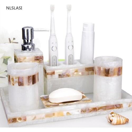 Household Bathroom Accessories Set Shell Pattern Resin Tools Soap Dish Toothbrush Holders Soap Dispenser Box Pump Bottle Tray