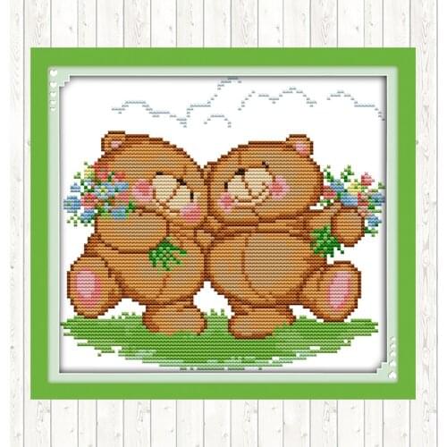 Two Happy Bears DIY Needlework Crafts DMC Cotton Thread Printed Canvas Cross Stitch Embroidery Kit 14CT 11CT Counted and Stamped