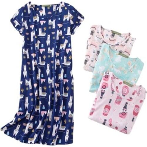 Sleepdress Women 100% Cotton Homewear Big Size Short Sleeve O-Neck Nightdress Fashion Clothes Vintage Cartoon Pjs kPaCotAkoWka