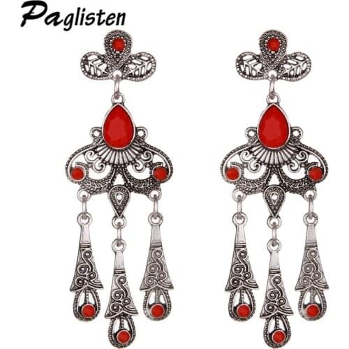 New Design Fashion Charm Vintage Bohemian Green stone earrings jewelry hollow flower Tassel Pendant for women Accessories ZA30