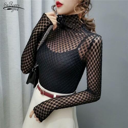 New Style for Autumn and Winter Long Sleeve Turtleneck Lace Bottoming Shirt Sexy Priming Lace Upper Garment Female Blusas 10813