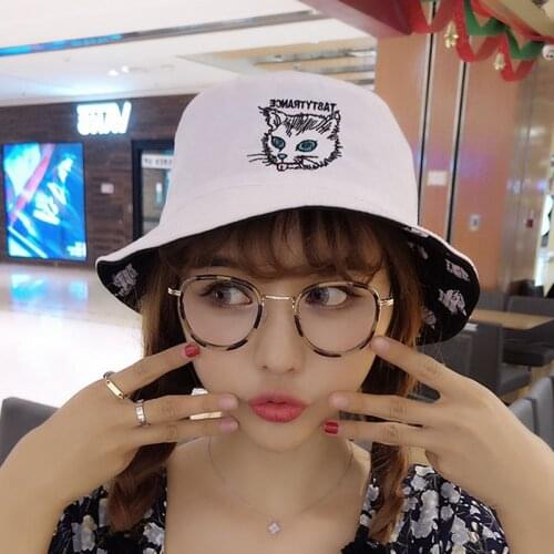 Creative Bucket Hat Embroidery Fishing Fisherman Hat Women Summer Hiking Sun Protection Hat Cat Reversible Unisex Panama Bob Cap