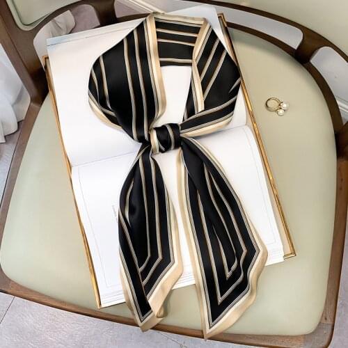 2021 Luxury Striped Print Silk Scarf Women Spring Narrow Long Scarfs Ladies Double Small Scarf Tying Hair Band Female
