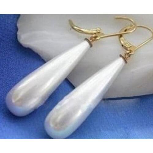 Rare Beautiful White Shell pearl long Teardrop Gold color hook earring