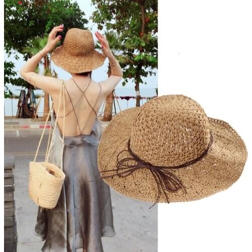 Sun Hat For Women Handmade Weave Straw Hat Bowknot Foldable Summer Hat Lady Wide Brim Beach Hat Female