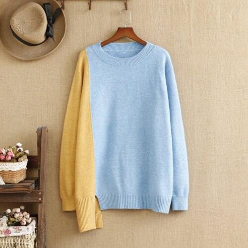 Plus Size Sweater For Women Asymmetric Splicing Asymmetric Splicing Knitted Cotton Fabric Round Neck Long Sleeve Large Size Top
