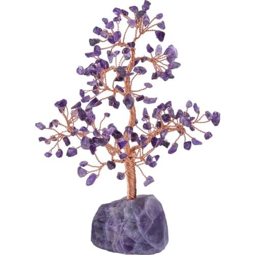 TUMBEELLUWA 7''Chakra Healing Crystal Copper Money Tree,Natural Rough Stone Base Crystal Tree Feng Shui Luck Figurine Decoration