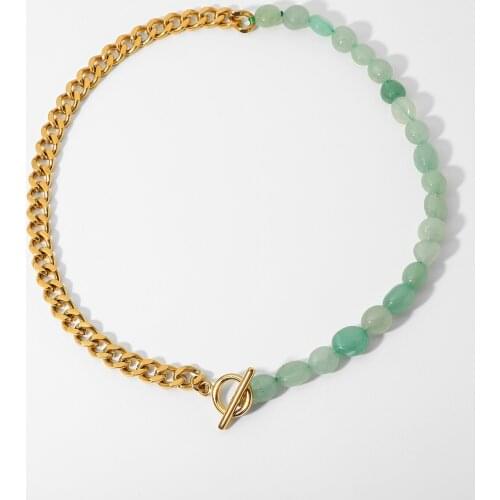 Unique 18K Gold Stainless Steel Jewelry OT Buckle Colorful Natural Stone Beaded Stitching Cuban Chain Necklaces For Women