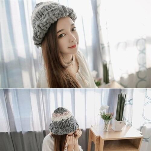 Knitted hat women beanie hat Color matching thick line fashion all-match color wool hat Korean version Japanese thick hood