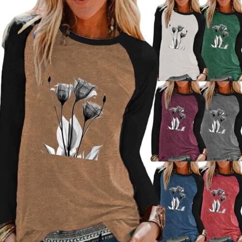 Womens Spring Autumn Fashion Flower Print Casual Long-sleeved Color Block Top T-shirt Ladies Round Neck Pullover Top