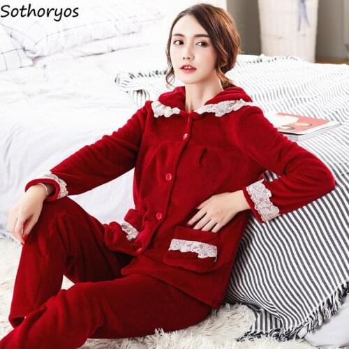 Women Pajama Sets Flannel Warm Thicker Lace Soft Sleepwear Female Loose Leisure Simple Homewear Colorful Fashion Korean Style