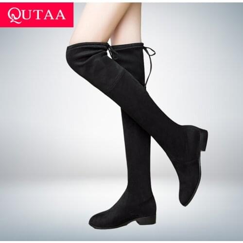 QUTAA 2020 Ladies Shoes Square Low Heel Women Over The Knee Boots Scrub Black Pointed Toe Woman Motorcycle Boots Size 34-43