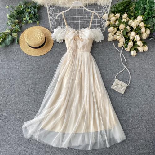 Womens Summer Dress Korean Holiday Style Mesh Lace One-way Neck Strap Dress New Waist Female Big Swing Dresses HH197
