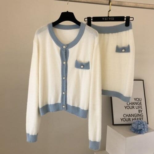 2020 New Fall Knitted 2 Piece Set Women Long Sleeve Patchwork Cardigans Sweater and Short Elastic Waist Skirt Hairy Soft Suits