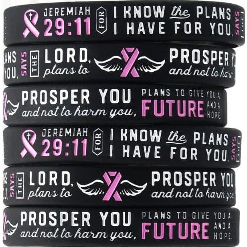 300pcs Jeremiah 29:11 Breast Cancer Awareness Pink Ribbon Faith Silicone Wristbands Bracelets Free Shipping by DHL