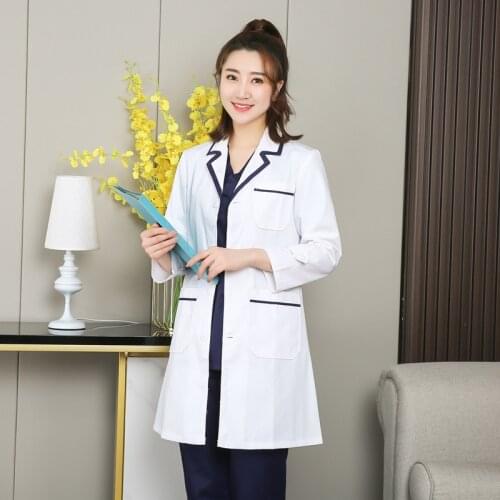 White Lab Coat with Blue Edge Doctor Nurse Suit Long Sleeve Female Dentist Pet Beauty Salon Laboratory Work Suit