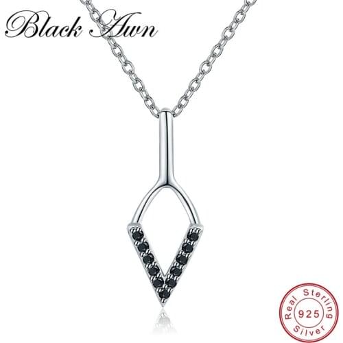 [BLACK AWN] Classic 925 Sterling Silver Necklace for Women Black Spinel Anchor Silver 925 Jewelry Necklaces Pendants P177