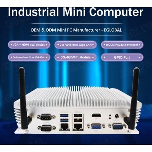 Eglobal 2*Intel LAN Intel Core i5 6360u 6COM GPIO VGA HDMI Industrial Fanless Mini PC Windows 10 4G SIM Card Desktop Computer