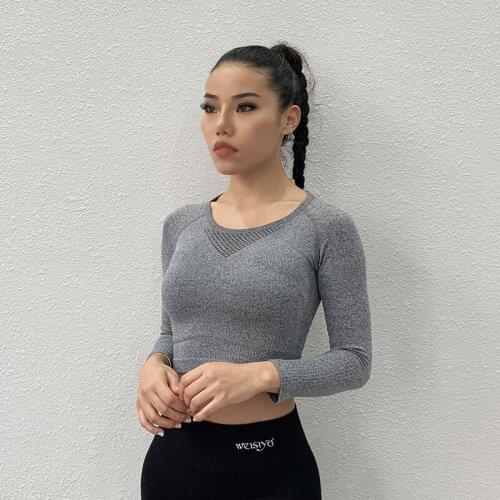GUTASHYE Seamless Yoga Shirt Women Long Sleeves with Thumb Hole Fitness Sports Top Stretch Workout Gym Running Wear Navel-baring