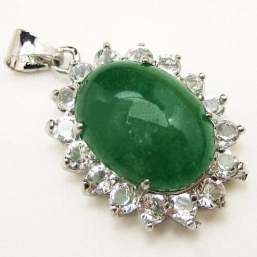 Emerald Green Jade White Gold Plated Crystal Flower Pendant Chain Necklace