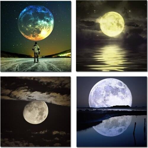 Modern 4 Panel Space Canvas Painting HD Painting Universe Galaxy Space Moon Picture Home Decoration Poster Wall Art Painting