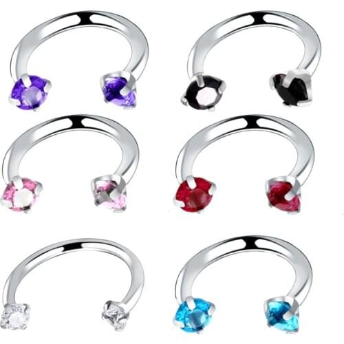 1Pc 16G Zircon Stone Nose Lip Eyebone Rings 1.2*8+3mm C Shape Stainless Steel Nose Lip Eyebone Piecing Body Jewelry Women Men