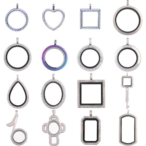 Mix 16 Styles Geometric Round Square Heart Shaped Glass Photo Floating Living Memory Locket Pendant For Women Necklaces Jewelry
