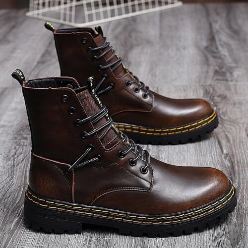 Autumn and Winter Brown Ankle Boots For Men Leather Lace Up Platform Boots Men Fashion Non-slip Martin Boots Men Botines Hombre
