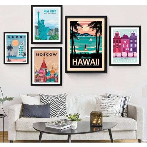 Dubai Moscow New York Hawaii City Landscape Nordic Posters and Prints Wall Art Canvas Painting Wall Pictures for Living Room