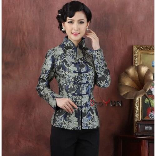 Blue festive jacquard mother grandma temperament spring and autumn long-sleeved Tang suit jacket middle-aged Chinese dress shirt
