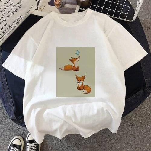 Lovely Fox Printed T Shirt Women 90s Graphic T-shirt O-neck Girl Short Sleeve Harajuku T shirt White Tops Female Tops