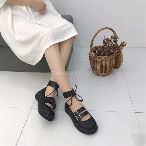 Lolita Shoes Gothic Round Head Mary Jane PU Leather Japanese Kawaii Sweet Girl Removable Platform Strap Waterproof Black Shoes