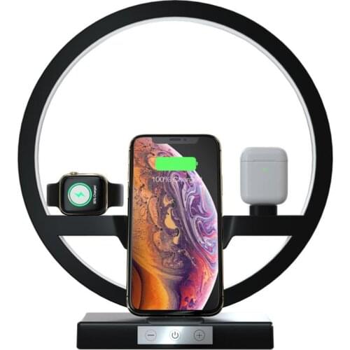 3-In-1 USB Wireless Charging Table Lamp Touch Switch Stepless Dimming Table Light Bedside Lamp for Watches Cell Phones Headphone