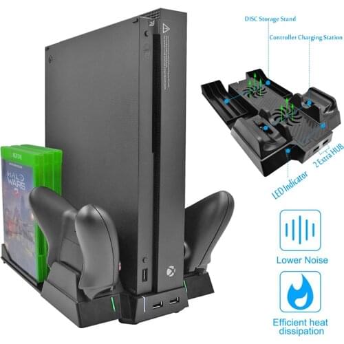 Vertical Cooling Stand Cooler Fan for Xbox One X , Controller Charger with 2 HUB Ports & Discs Storage Rack for Xboxone X
