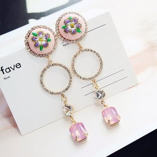 Vintage Pink Embroidery Flower Earrings Brincos Rhinestone Circle Square Pendant Boucle Femme Cosplay Earring