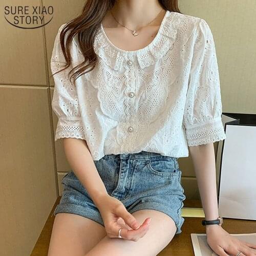 2021 Summer Womens Blouse Korean Fashion Vintage Lace Shirt Solid Short Sleeve Fashion Ruffled Top and Blouse Camisa 14193